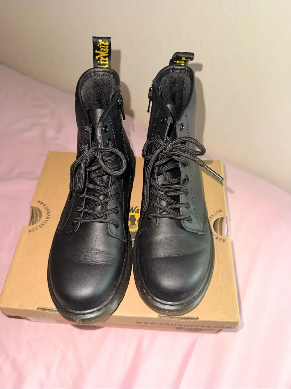 Dr. Martens Black Leather Lace-Up Combat Boots with Yellow Stitching